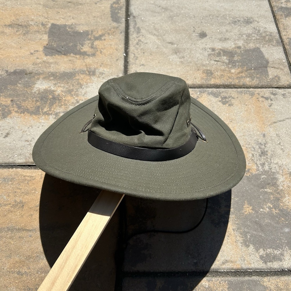 Filson Tin Bush Safari Sun Hat Waxed Cotton Leather Strap Green USA Made Sz. L